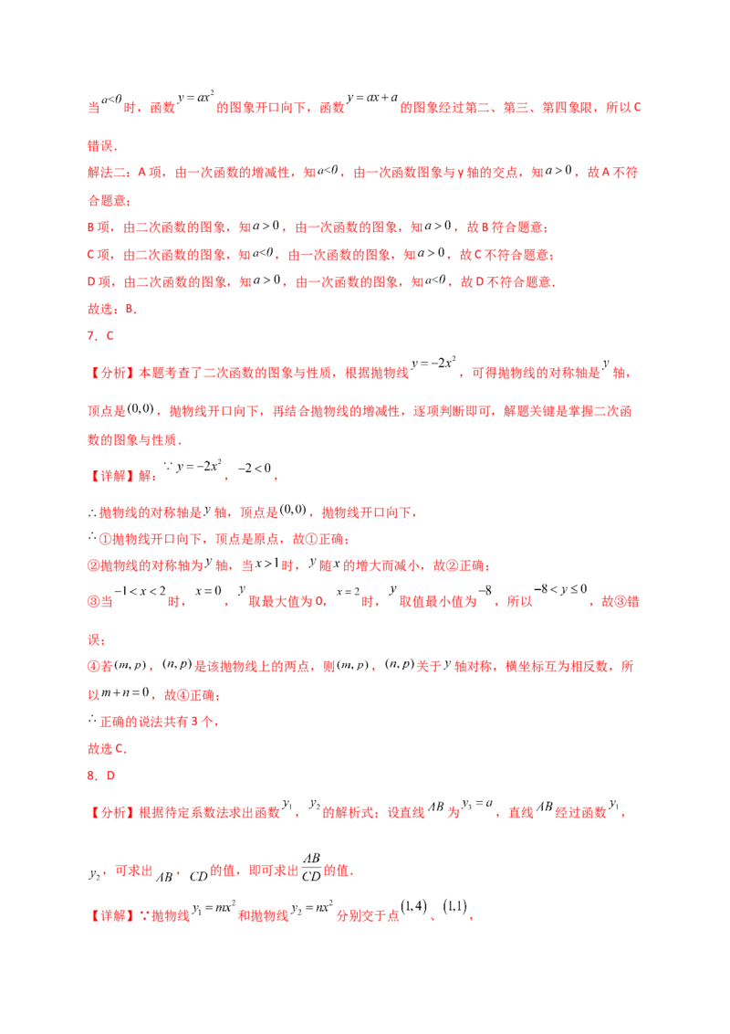 专题22.2二次函数y=ax&sup2;(a&ne;0)和y=ax&sup2;+c(a&ne;0)的图象与性质（专项练习）（基础练）-（人教版）_初中数学_九年级数学上册（人教版）_专题突破练习-V4_2025版