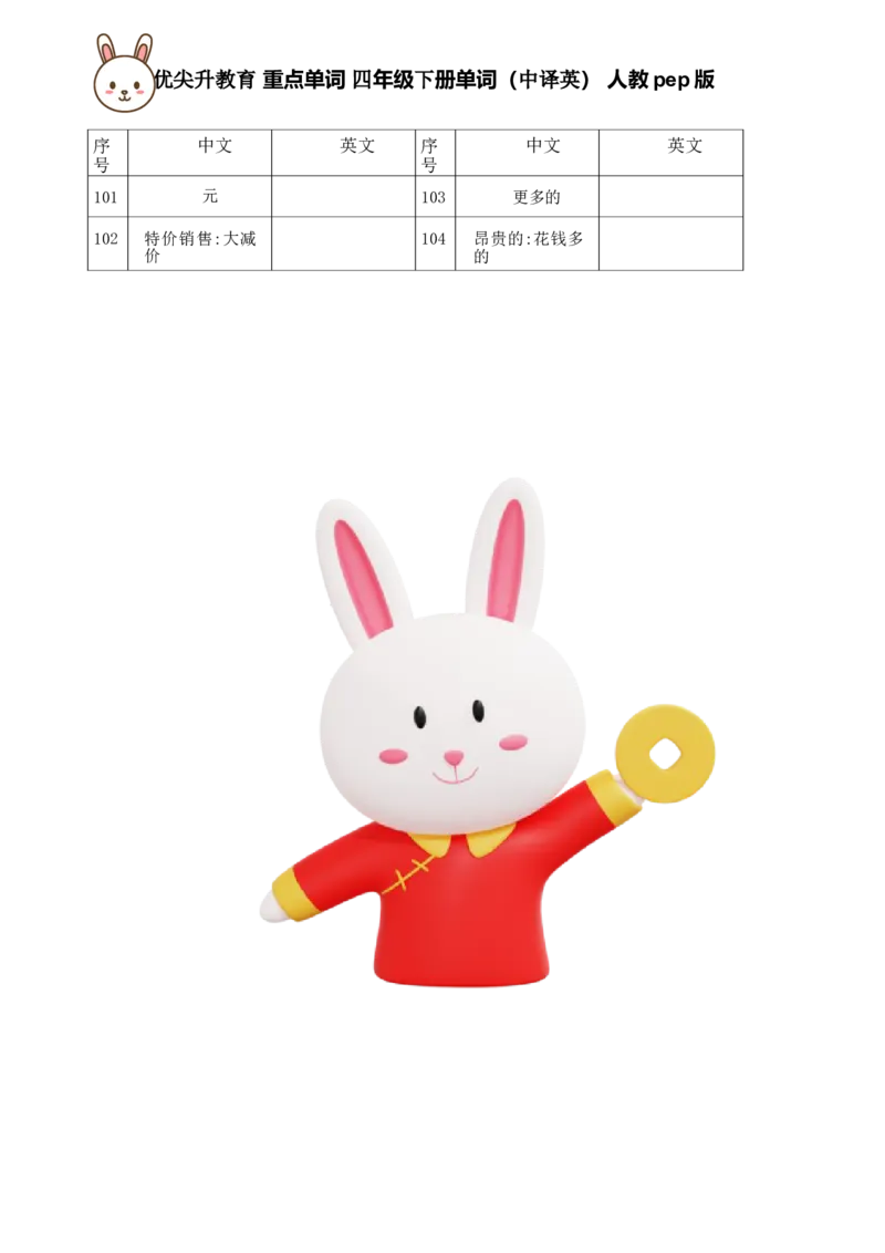 重点单词4年级下册单词（中译英）人教pep版_单词专项