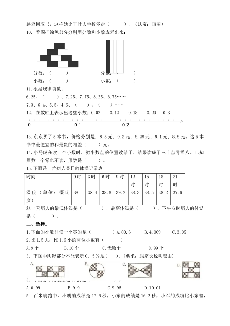 三下《小数的初步认识》复习题含答案_三年级数学下册（苏教版）_全套教学资源_苏三数下其他试卷+重点讲练_七分数的初步认识（二）_单元测试卷