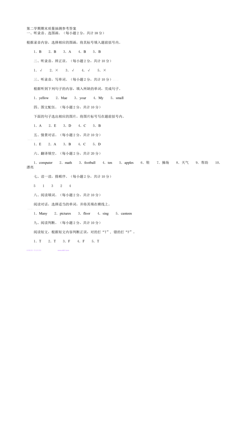 第二学期英语期末质量试卷及答案_期中+期末-K152_老试卷汇总_PEP四年级英语下册期末试题18份