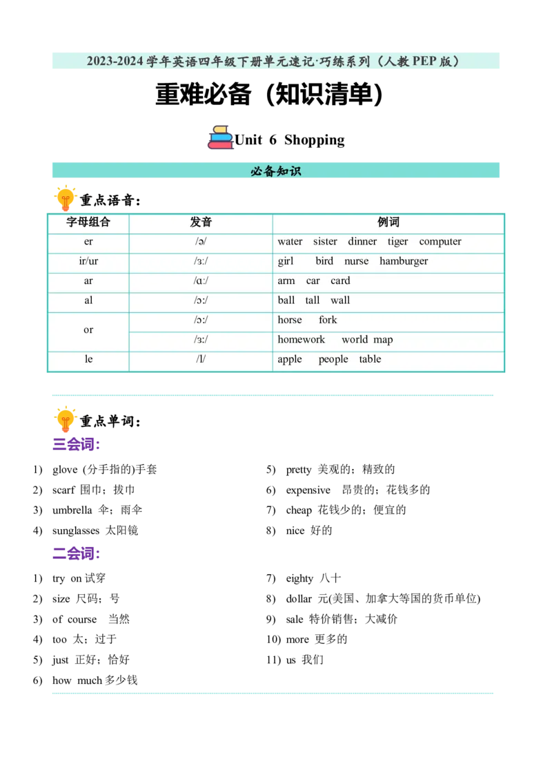 Unit6重难必备（知识清单）（人教PEP）_单元复习专项-K50_2024版