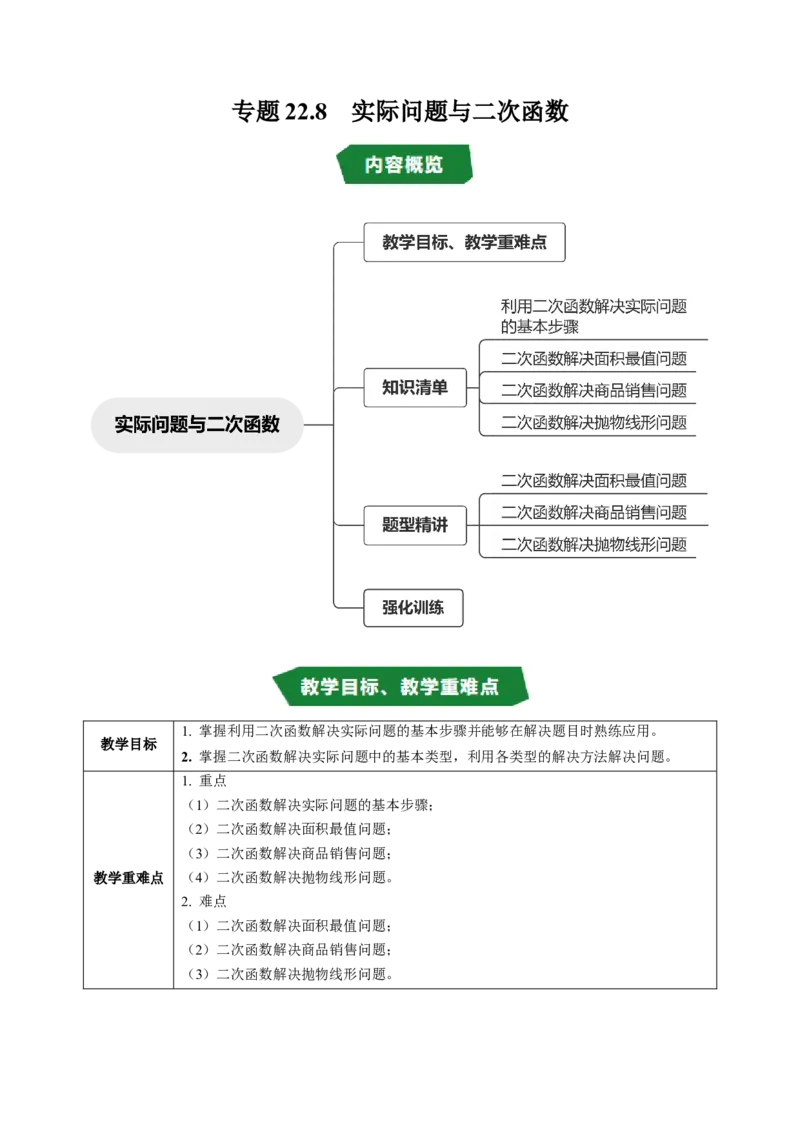 专题22.8实际问题与二次函数（高效培优讲义）（学生版）_初中数学_九年级数学上册（人教版）_同步讲义-U18_2026版
