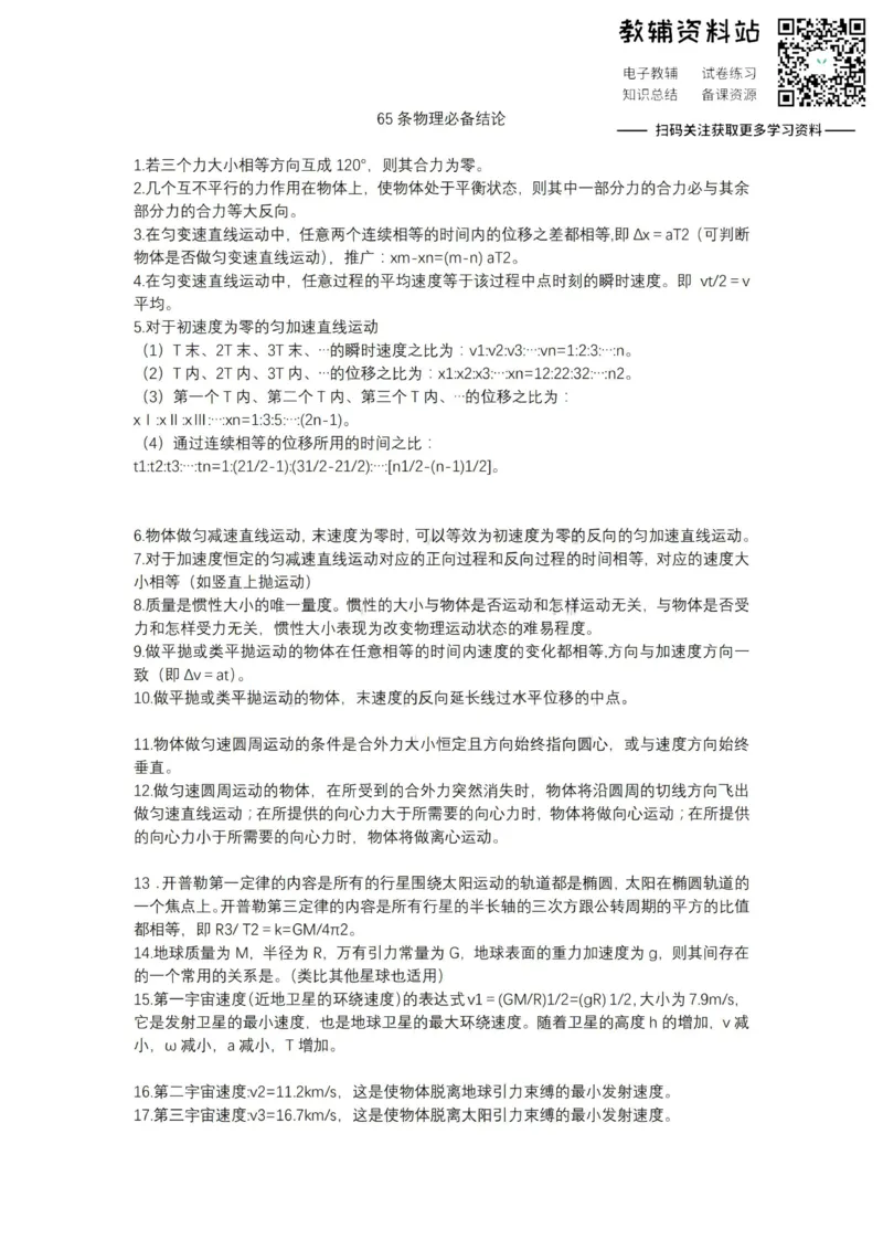 必备结论65条物理必备结论_高中全科精选资料包_物理精选资料包_资料干货