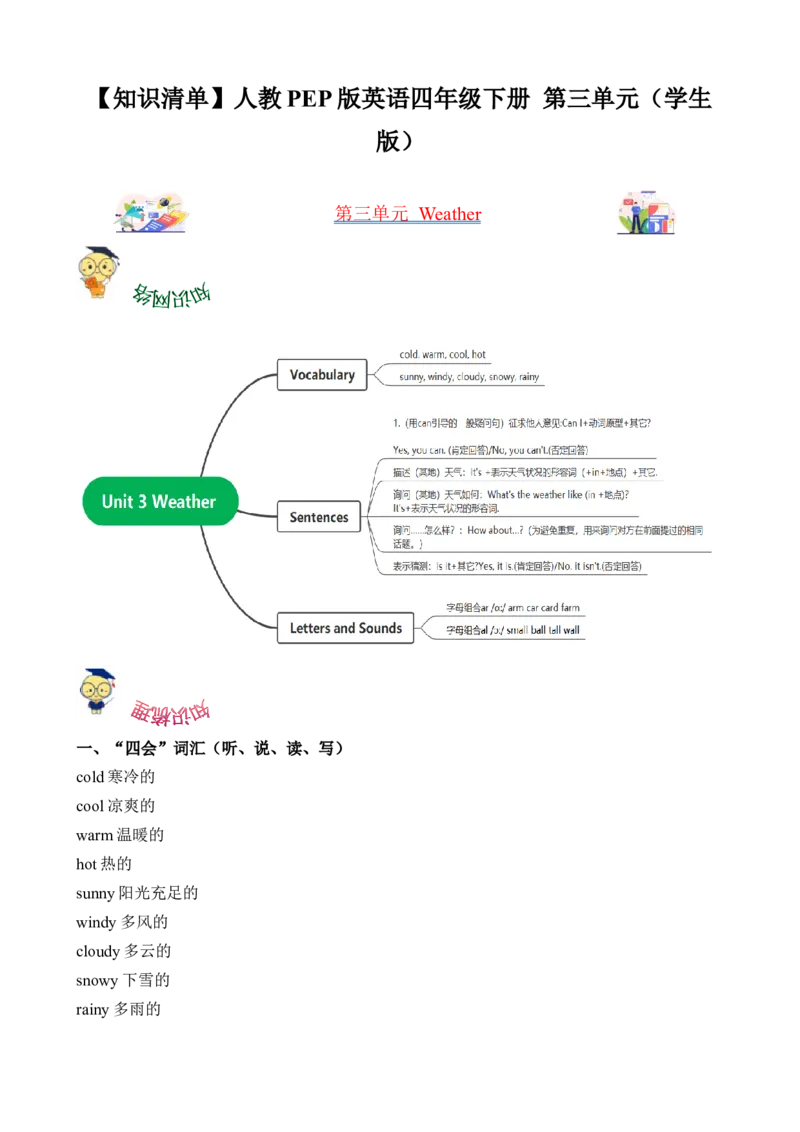Unit3Weather知识清单-（人教PEP版）学生版_知识总结