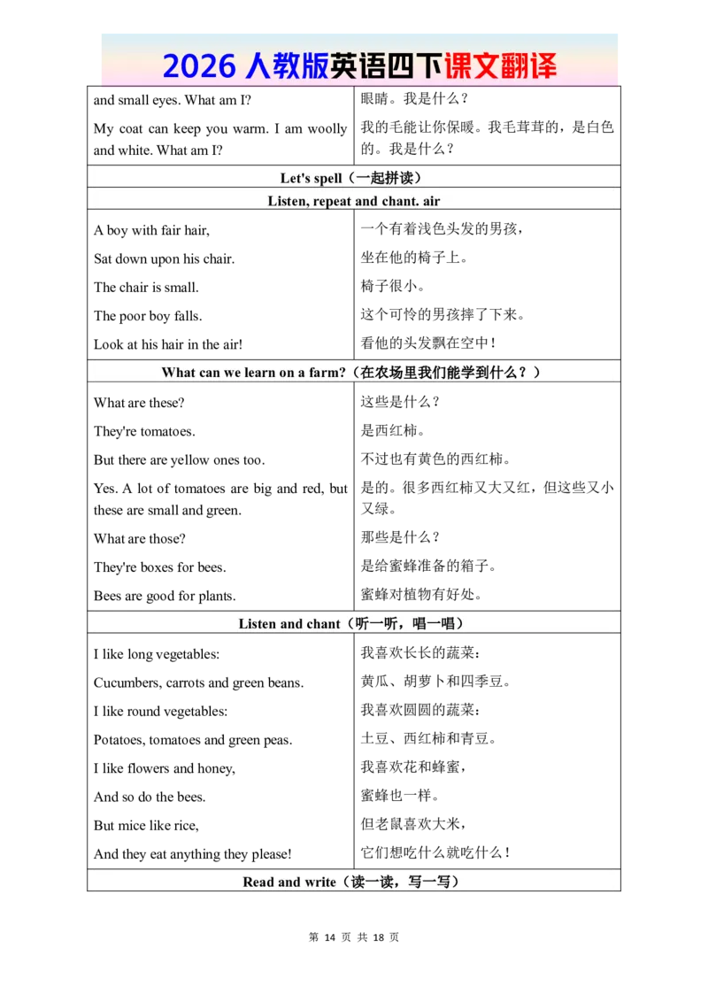 2026春人教版英语四下课文翻译_16课文翻译（word，全册）