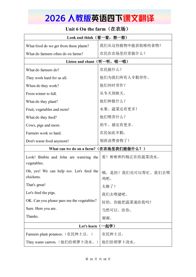 2026春人教版英语四下课文翻译_16课文翻译（word，全册）