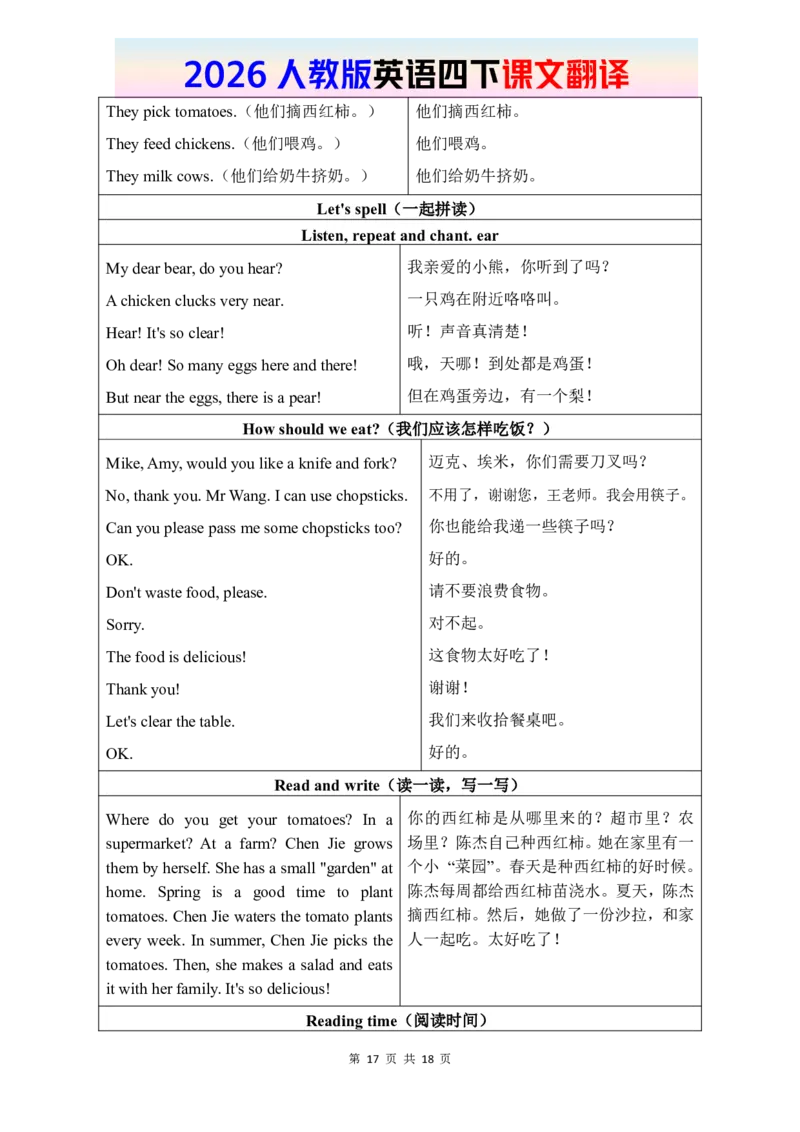 2026春人教版英语四下课文翻译_16课文翻译（word，全册）