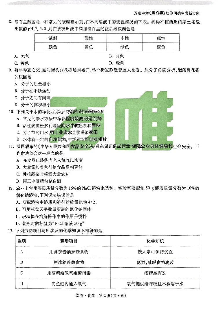 2025《万唯中考&bull;云南黑白卷》化学黑白卷试卷_初中资料合集_2025《万唯中考&bull;黑白卷》多地方版（更30省）_2025《万唯中考&bull;黑白卷》7科全套（云南）
