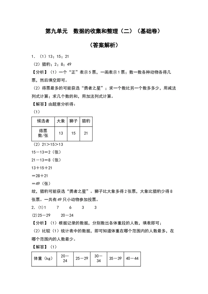 第九单元数据的收集和整理（二）（基础卷）-（答案教师）（苏教版）(1)_三年级数学下册（苏教版）_单元知识复习专项-K49_2024版