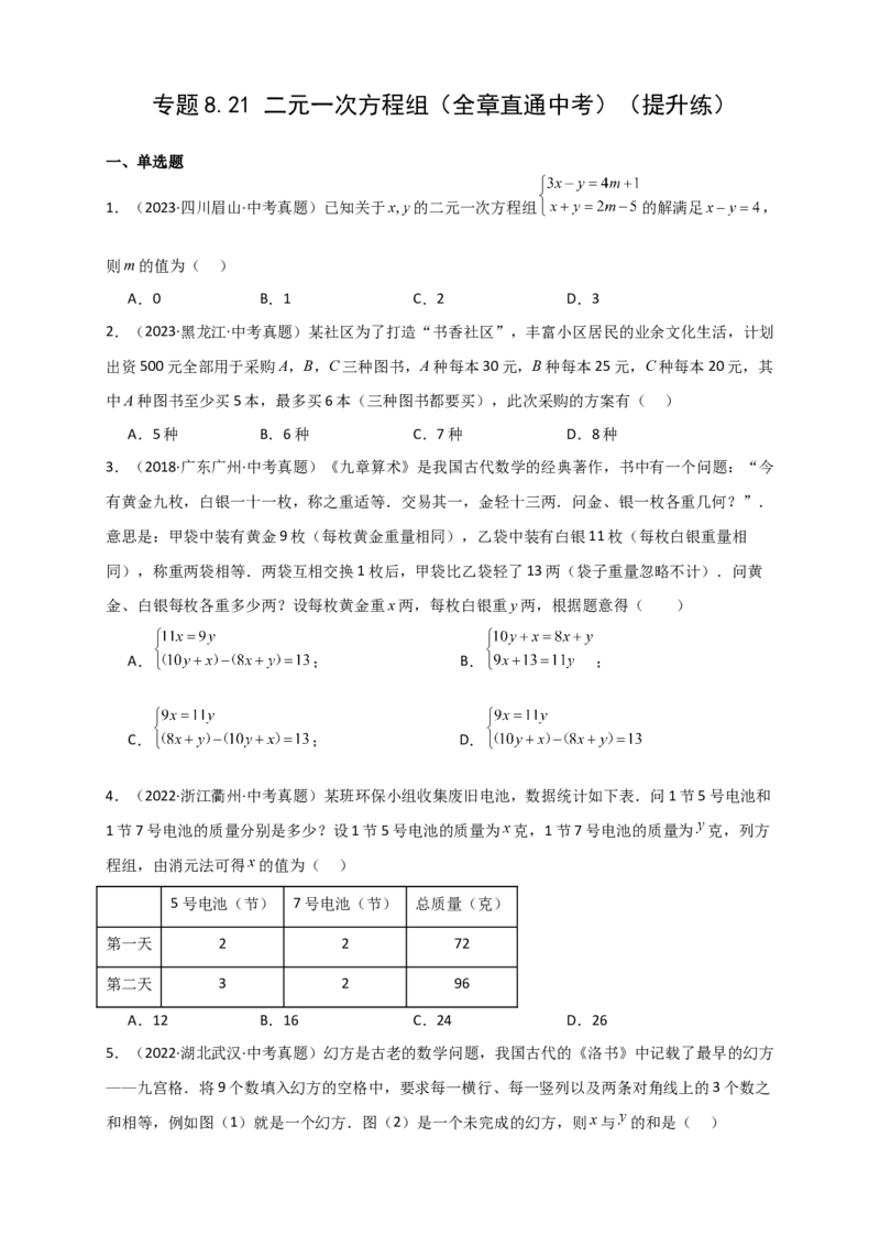 专题8.21二元一次方程组（全章直通中考）（提升练）-（人教版）_初中数学_七年级数学下册（人教版）_专题突破练习-V4