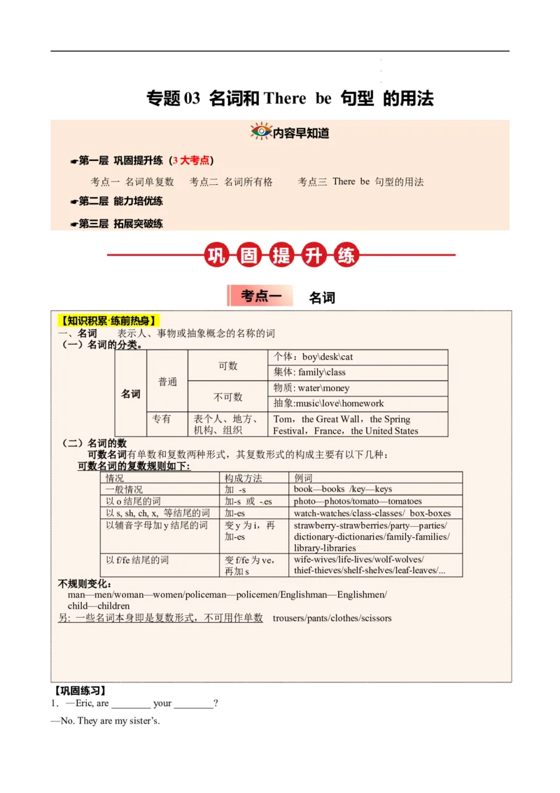 寒假作业03名词和Therebe句型（学生版）-2025年七年级英语寒假衔接_新人教版7下英语学习资料包_13.寒假班预习专项讲义_01-25春人教版英语七年级年级下册寒假衔接训练提升作业