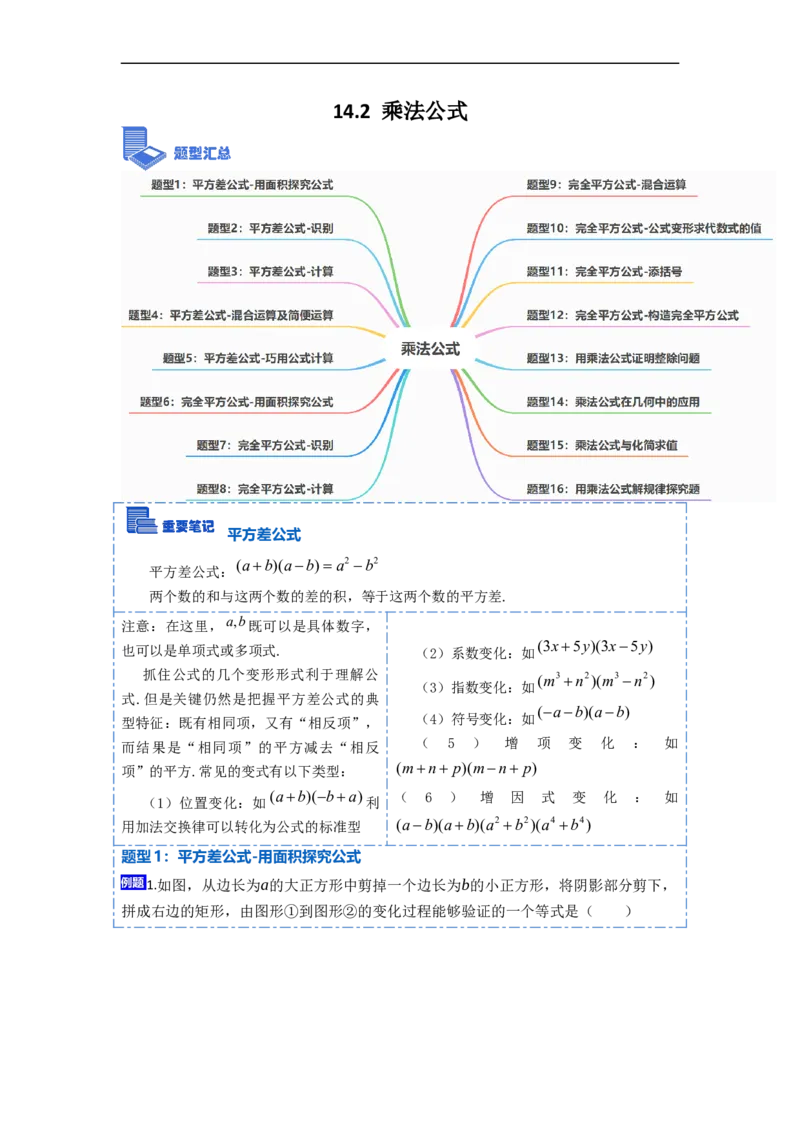 14.2乘法公式（讲+练）16大题型-重要笔记2022-2023学年八年级数学上册重要考点精讲精练(人教版)（解析版）_初中数学人教版_8上-初中数学人教版_旧版_07专项讲练