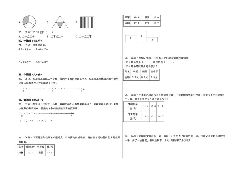 第八单元小数的初步认识（单元测试）-三年级数学下册（A3版）（苏教版）(1)_三年级数学下册（苏教版）_单元测试