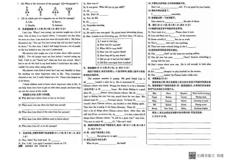 七下全品综合卷子_新人教版7下英语学习资料包_14.配套教辅练习_03-25年春七下全品英语RJ