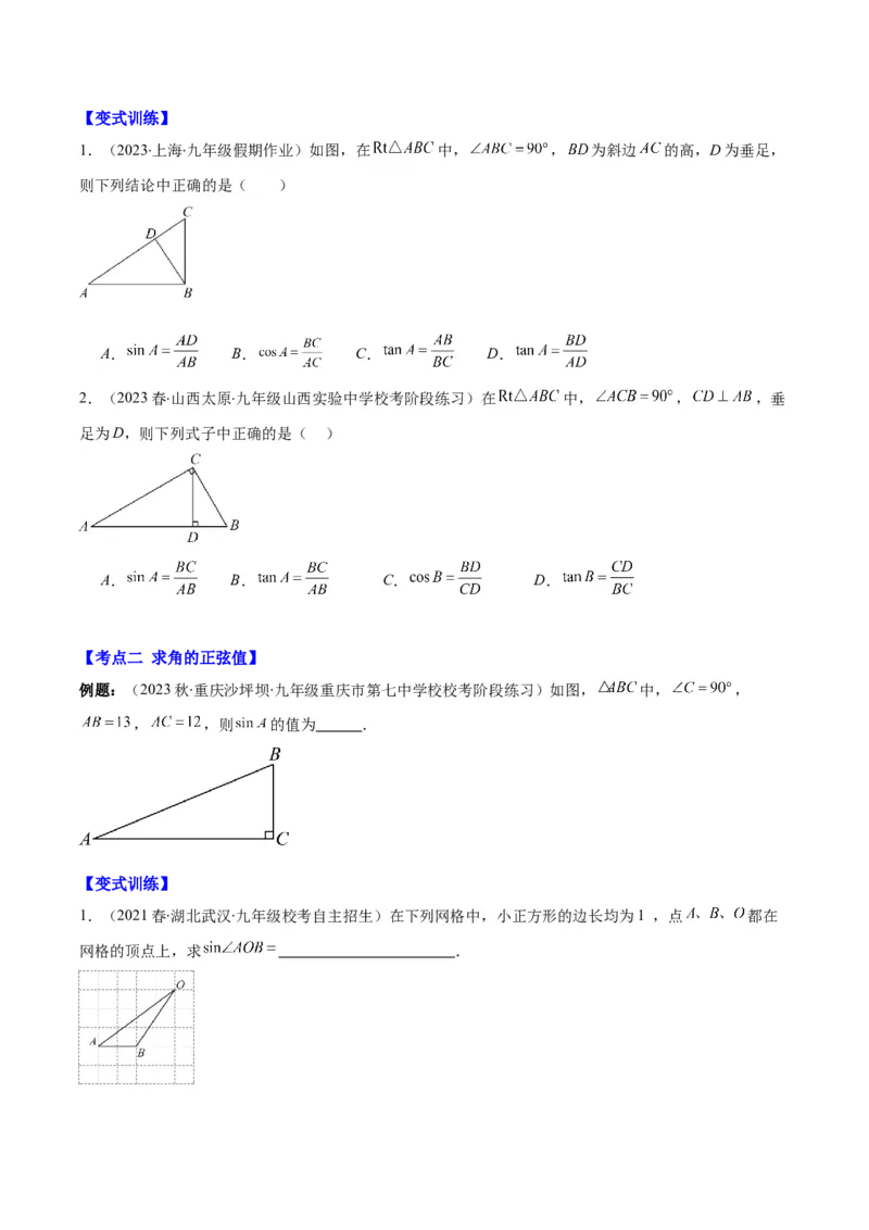专题28.1锐角三角形函数与特殊角的三角函数值之九大考点(学生版)_初中数学_九年级数学下册（人教版）_重难点专题提优-V8
