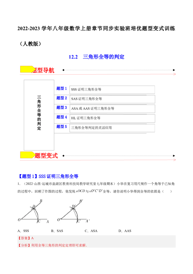 12.2三角形全等的判定（解析版）_初中数学人教版_8上-初中数学人教版_旧版_07专项讲练_章节同步实验班培优题型变式训练八年级数学上册（人教版）