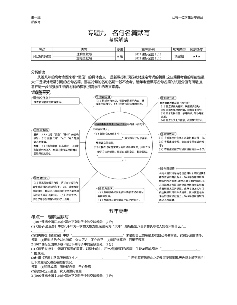 专题九　名句名篇默写_高语_1高中语文_《5年高考3年模拟》A版精品课件&mdash;&mdash;课标版语文_第二部分　古代诗文阅读_专题九　名句名篇默写