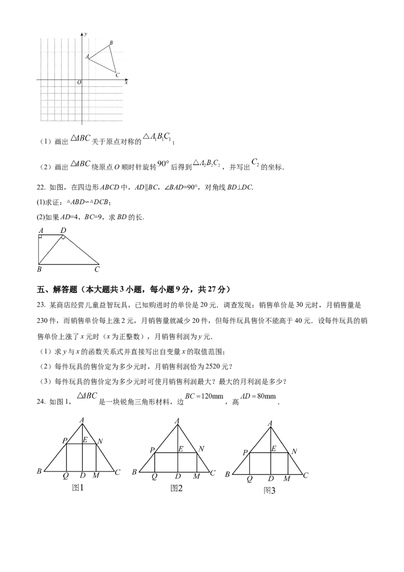 九年级上学期期中数学试题（原卷版）_初中数学_九年级数学下册（人教版）_期中+期末
