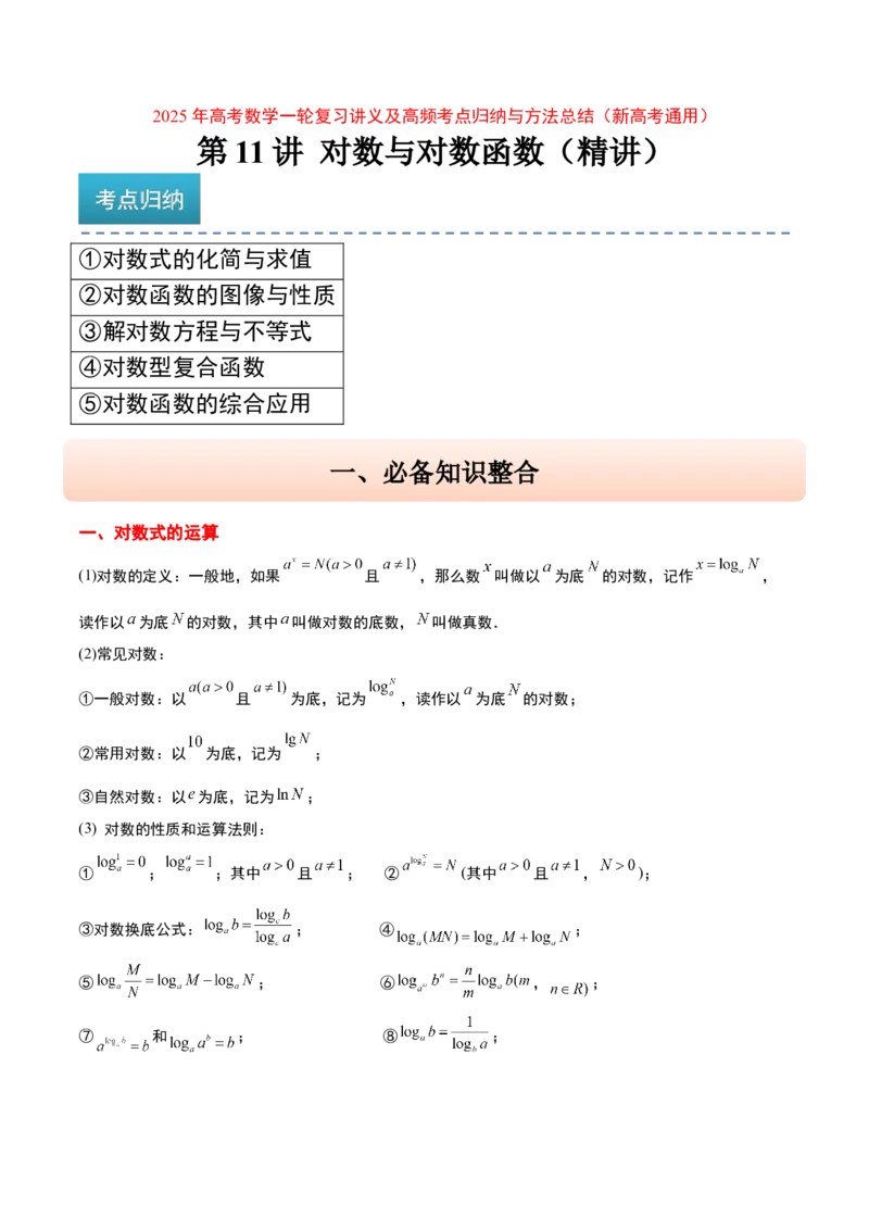 第11讲对数与对数函数（精讲）-2025年高考数学一轮复习讲义及高频考点归纳与方法总结（新高考通用）原卷版_2.2025数学总复习_2025年新高考资料_一轮复习