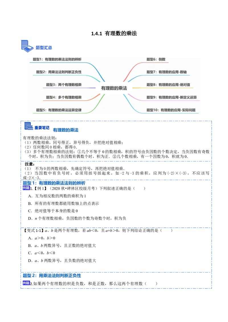 1.4.1有理数的乘法(讲+练)-重要笔记2022-2023学年七年级数学上册重要考点精讲精练(人教版)（原卷版）_初中数学人教版_7上-初中数学人教版_7上-初中数学人教版（旧版）赠送_07专项讲练