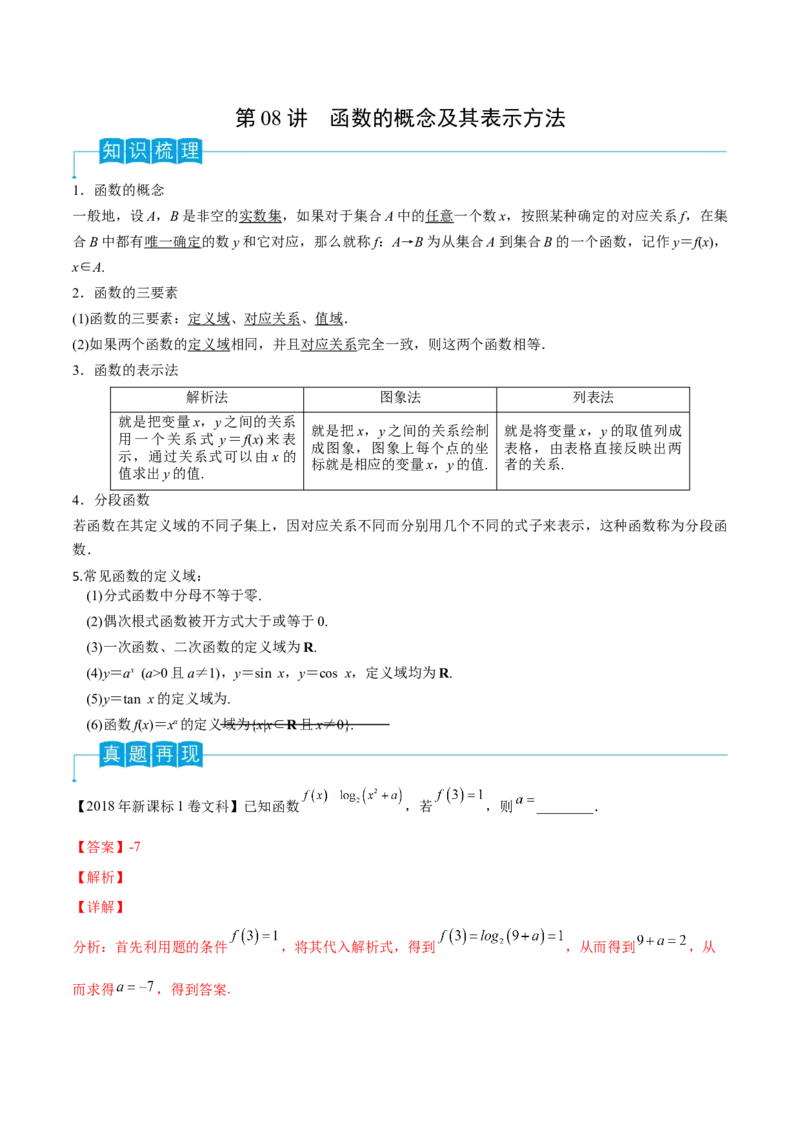 第08讲函数的概念及其表示方法（解析版）_2.2025数学总复习_2024年新高考资料_1.2024一轮复习_2024年高考数学一轮复习精品导学案（新高考）