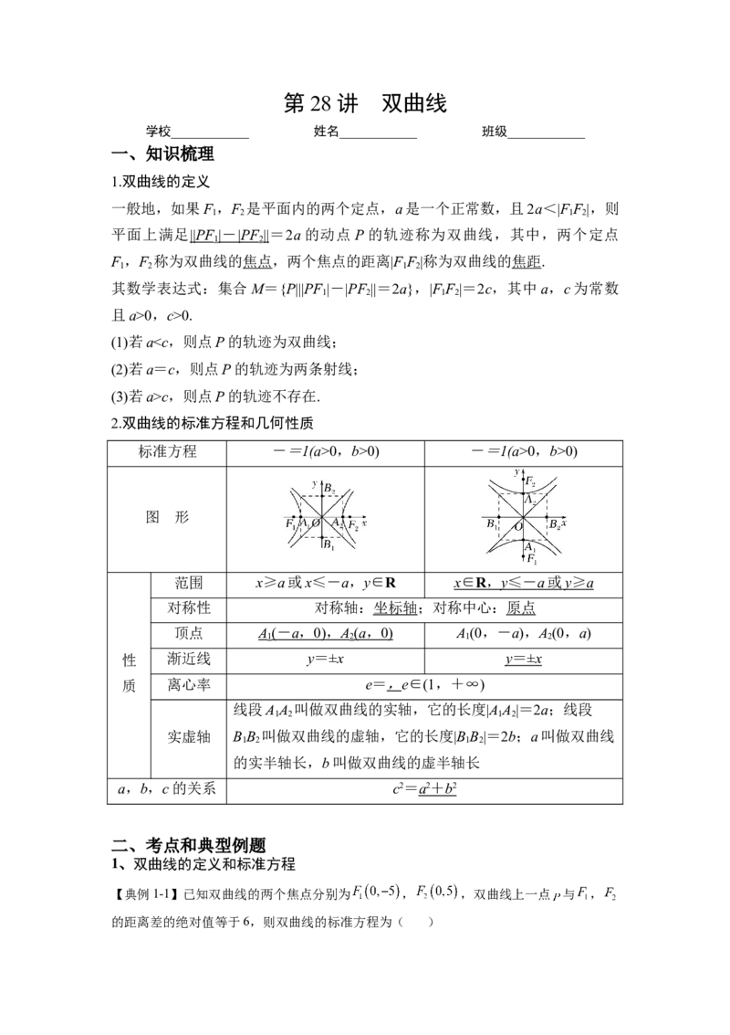 第28讲双曲线（讲义）-2023年高考一轮复习精讲精练必备_2.2025数学总复习_2023年新高考资料_一轮复习_2023年高考数学一轮复习精讲精练（新高考专用）