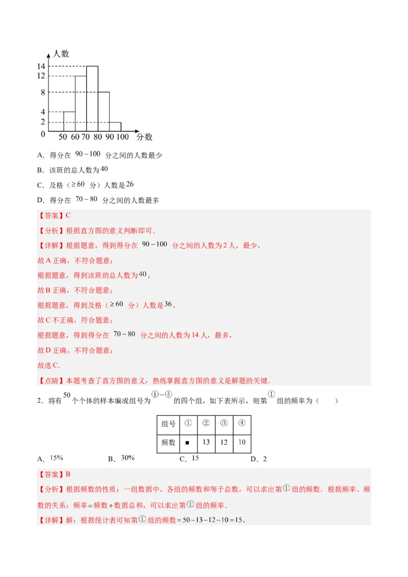 10.2.1直方图（1）分层作业（解析版）_初中数学人教版_7下-初中数学人教版_7下-初中数学人教版（旧版）赠送_06习题试卷_1同步练习_同步练习（第2套）