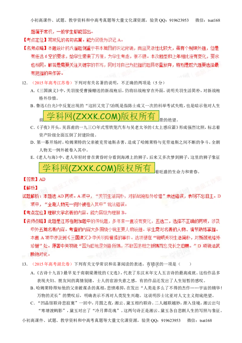 专题17名句名篇默写与名著阅读（练）-2016年高考语文一轮复习讲练测（解析版）_高语_1高中语文_2016年高考语文一轮复习讲练测（全套打包162份）