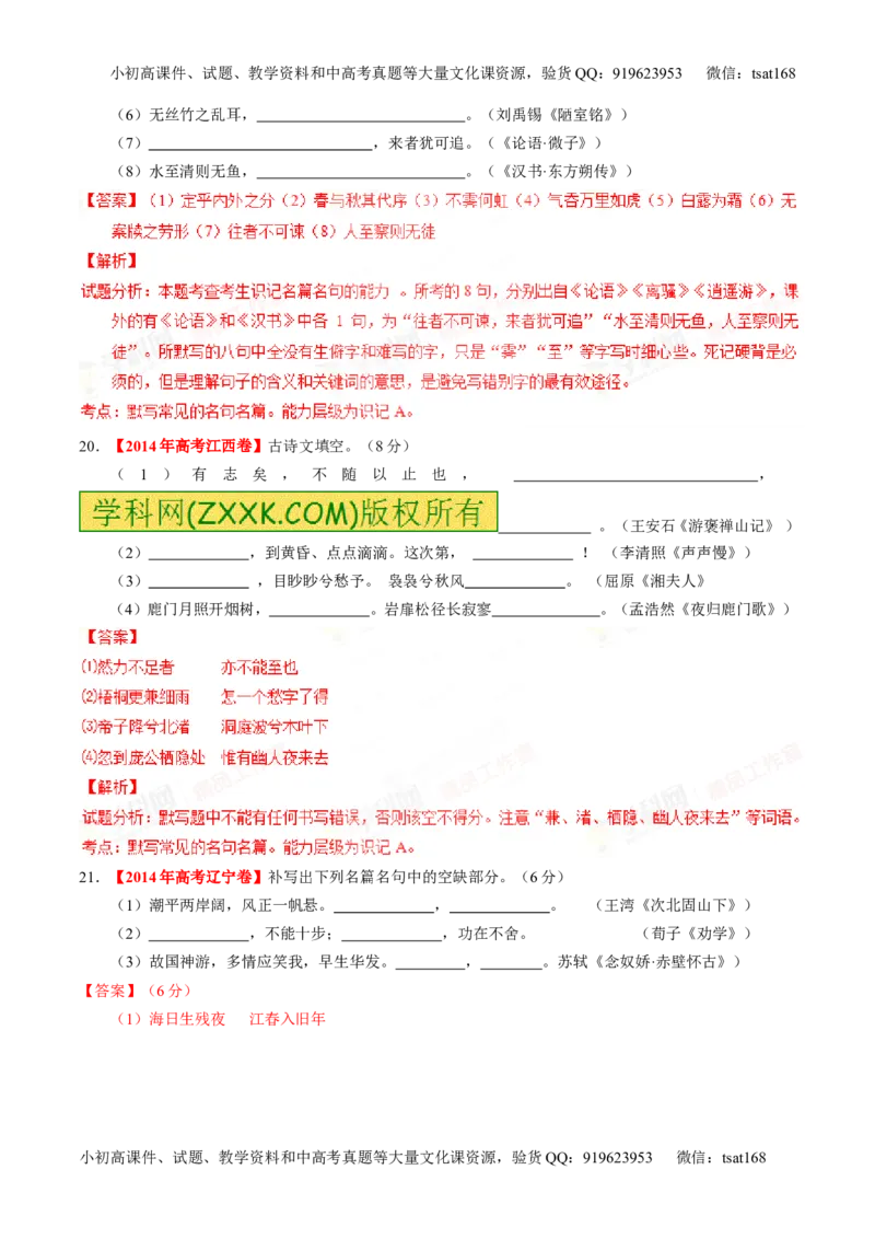 专题17名句名篇默写与名著阅读（练）-2016年高考语文一轮复习讲练测（解析版）_高语_1高中语文_2016年高考语文一轮复习讲练测（全套打包162份）