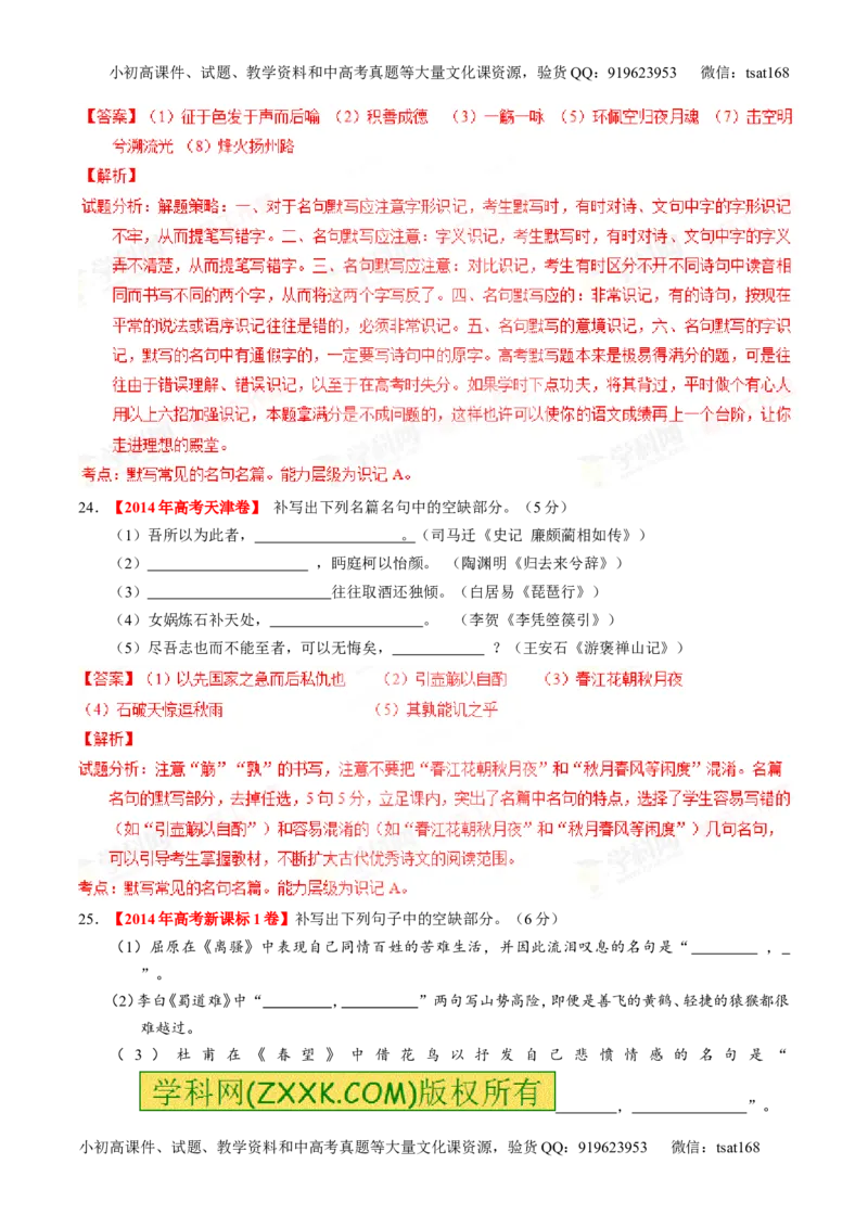 专题17名句名篇默写与名著阅读（练）-2016年高考语文一轮复习讲练测（解析版）_高语_1高中语文_2016年高考语文一轮复习讲练测（全套打包162份）