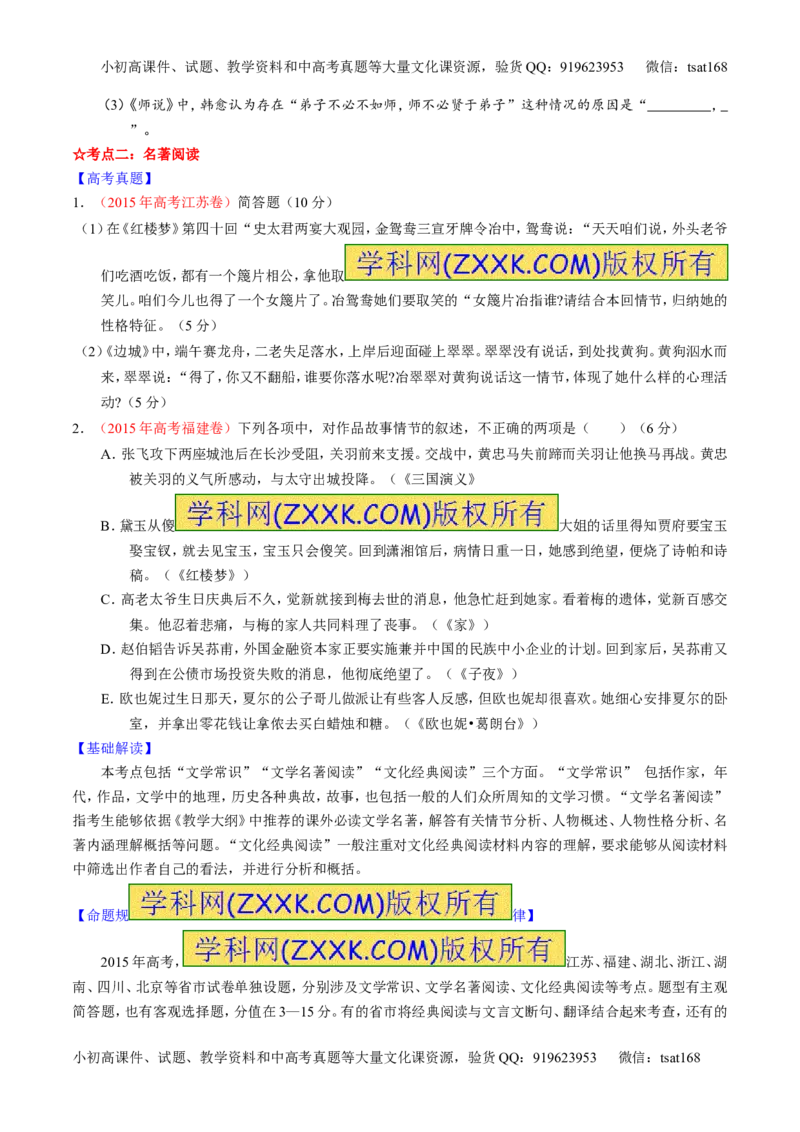 专题17名句名篇默写与名著阅读（讲）-2016年高考语文一轮复习讲练测（原卷版）_高语_1高中语文_2016年高考语文一轮复习讲练测（全套打包162份）