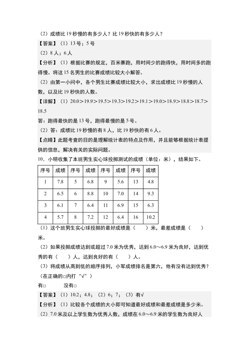 第九单元：数据的收集、记录、分析及应用专项练习-（教师版）苏教版(1)_三年级数学下册（苏教版）_解决问题专项练习-T7_2024版
