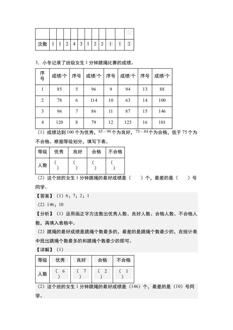 第九单元：数据的收集、记录、分析及应用专项练习-（教师版）苏教版(1)_三年级数学下册（苏教版）_解决问题专项练习-T7_2024版