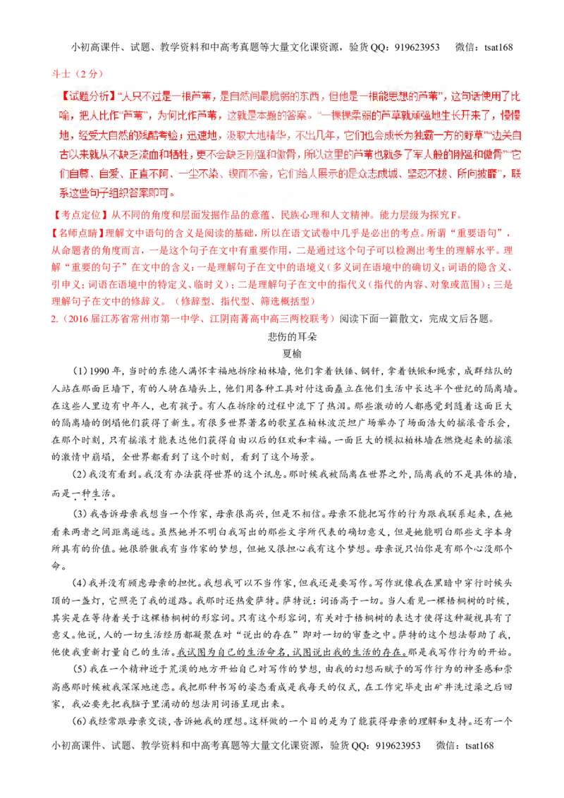 专题07散文阅读之语言手法（练）-2017年高考语文二轮复习讲练测（解析版）_高语_1高中语文_2017年高考语文二轮复习讲练测（全套打包120份）