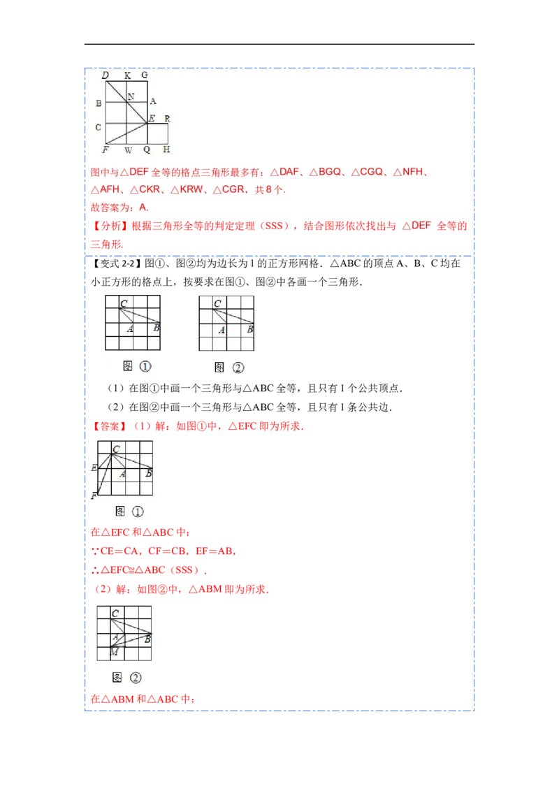 12.2全等三角形的判定1（SSS、SAS）（讲+练）-重要笔记2022-2023学年八年级数学上册重要考点精讲精练(人教版)（解析版）_初中数学人教版_8上-初中数学人教版_旧版_07专项讲练