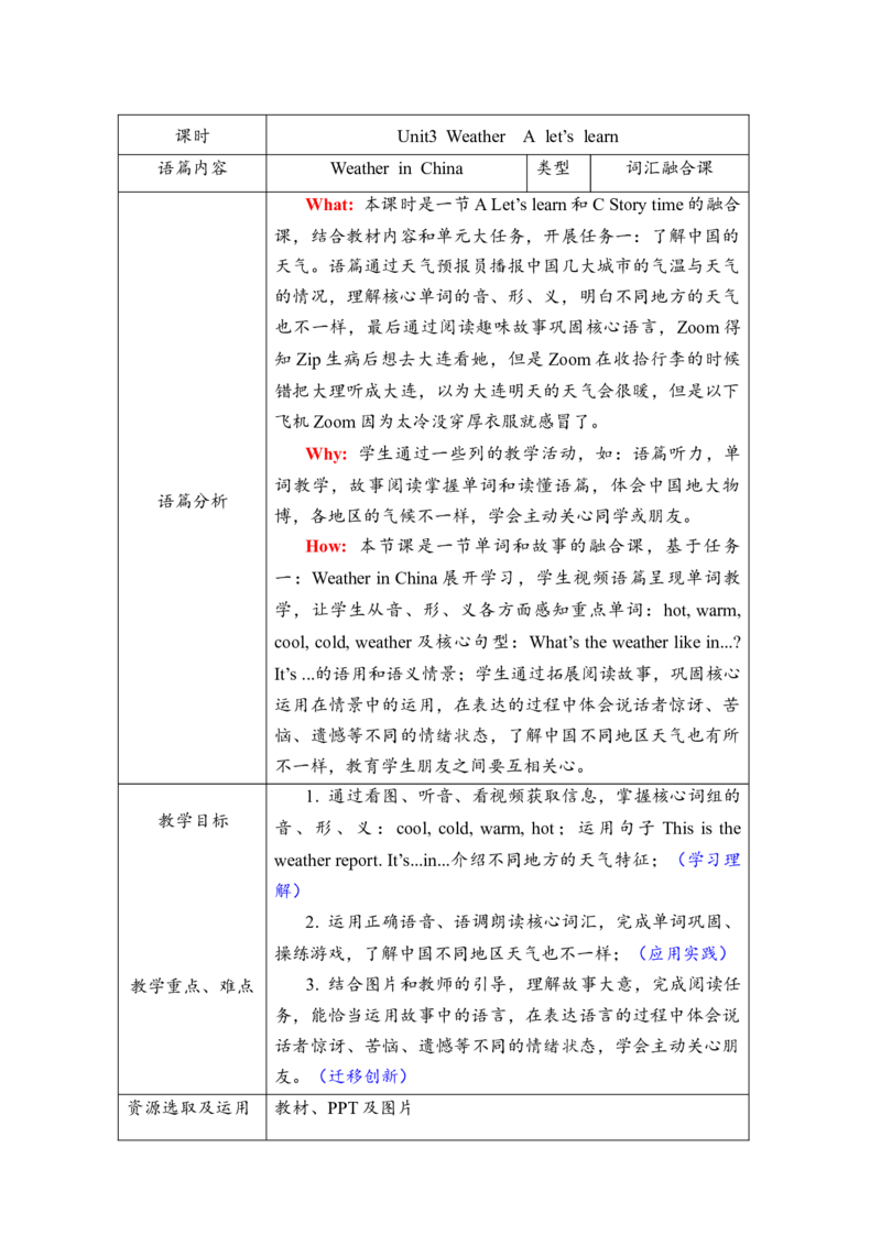 教案1_2026春人教四下_29赠送其它资料_旧版四下资料包_大单元教学课件+教学设计-K58_Unit3_Unit3WeatherAlet'slearn