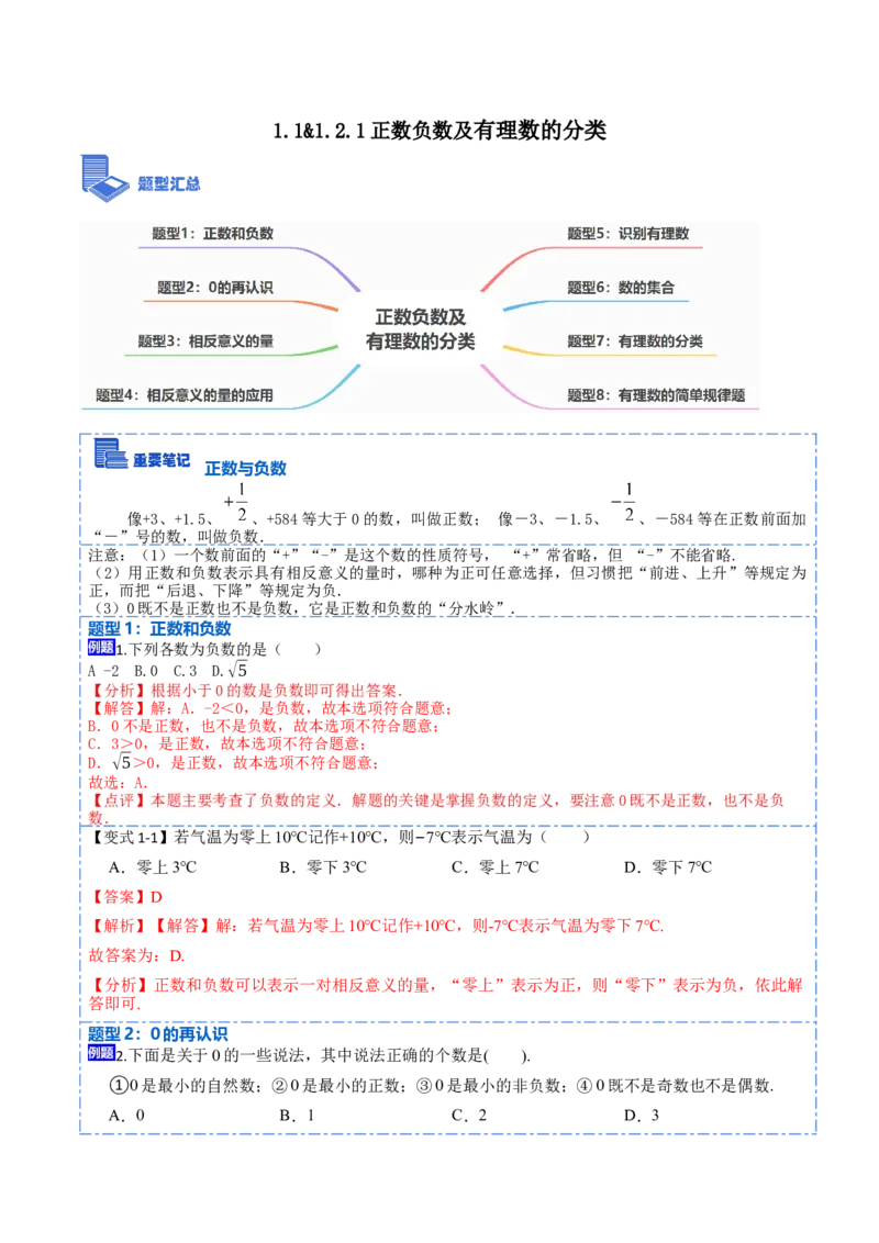 1.1&1.2.1正数和负数及有理数分类-重要笔记2022-2023学年七年级数学上册重要考点精讲精练（人教版)（解析版）_初中数学人教版_7上-初中数学人教版_7上-初中数学人教版（旧版）赠送