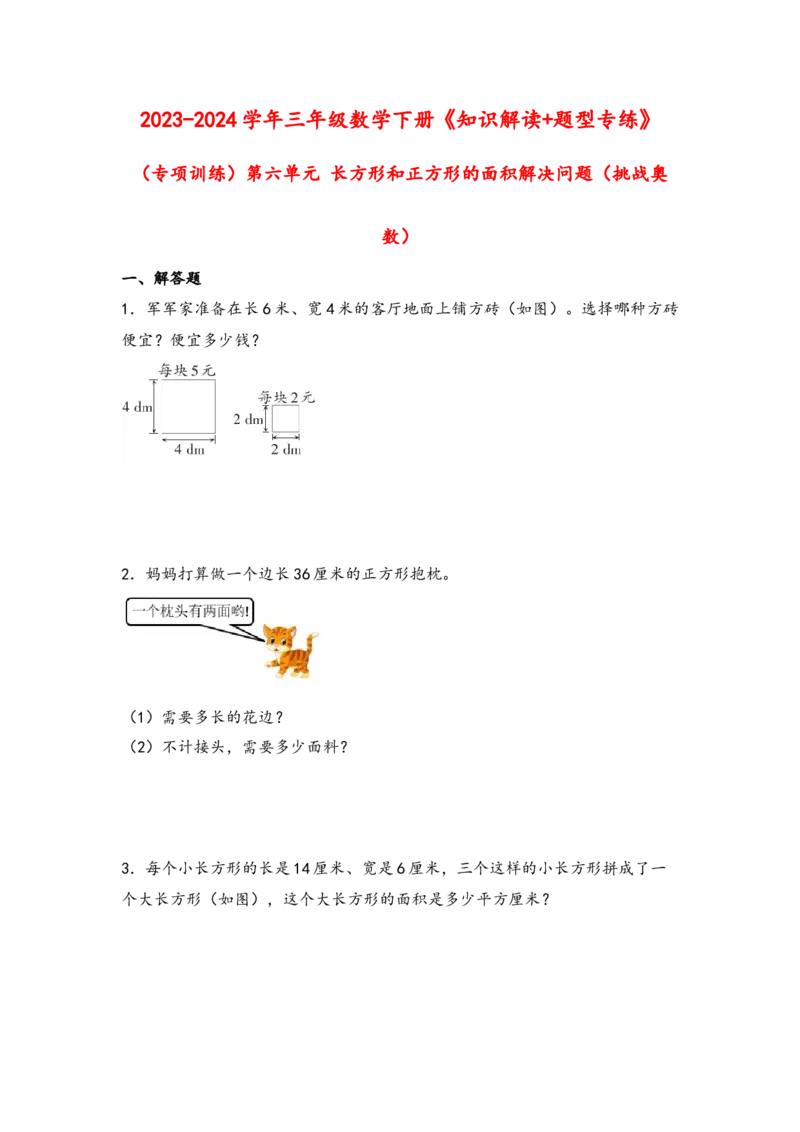 （专项训练）第六单元长方形和正方形的面积解决问题（挑战奥数）-（苏教版）_三年级数学下册（苏教版）_知识解读+题型专练-T2