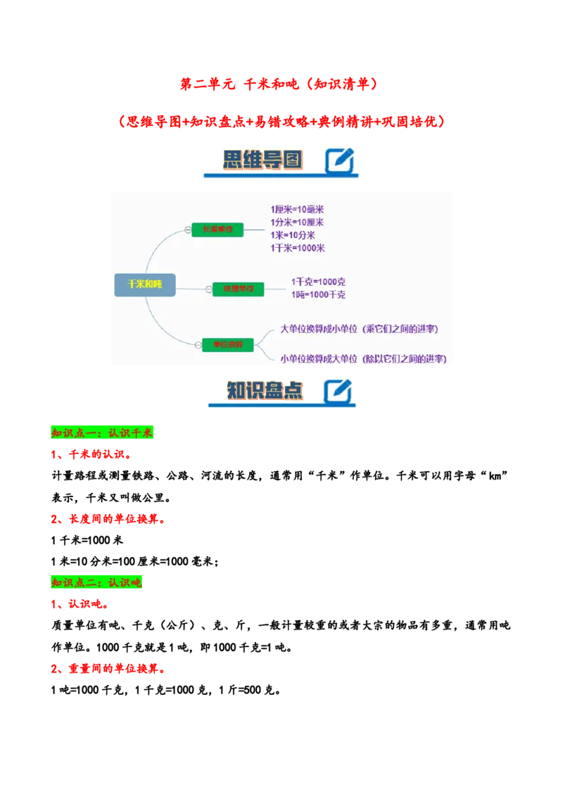 第二单元千米和吨（知识清单）-三年级数学下册（苏教版）(1)_三年级数学下册（苏教版）_知识总结