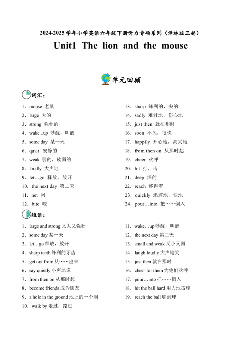 Unit1&nbsp;Thelionandthemouse单元听力专项_听力专项练习-T4_2025版_Unit1&nbsp;Thelionandthemouse单元听力专项-小学英语六年级下册（译林版三起）