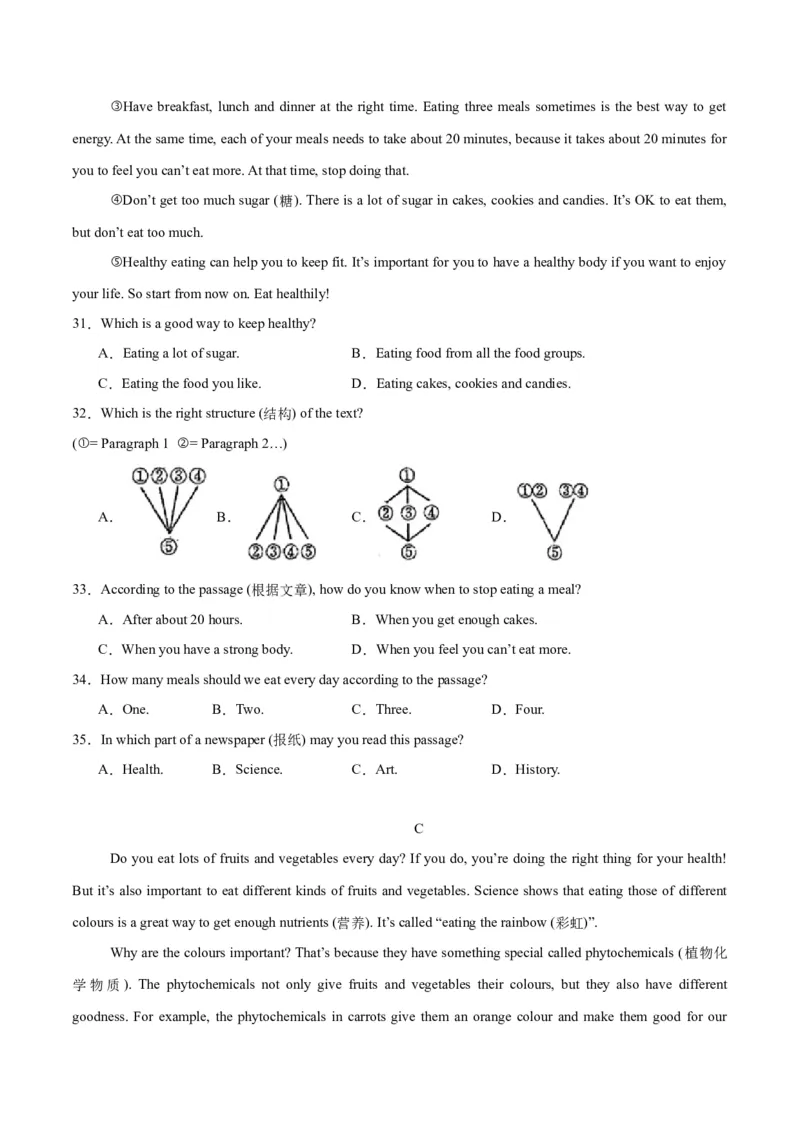 Unit4EatWell.（单元测试）（原卷版）_新人教版7下英语学习资料包_9.单元、期中测试卷_01-26春人教版英语七年级下册单元测试卷