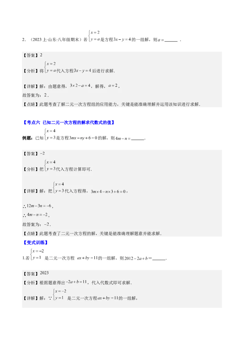 专题8.1二元一次方程(组)的定义与其解之八大考点(教师版)_初中数学_七年级数学下册（人教版）_重难点专题提优-V8