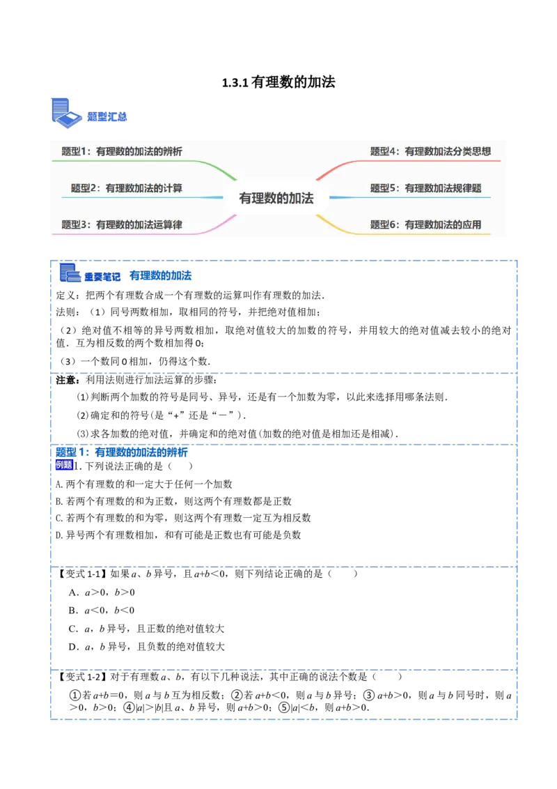 1.3.1有理数的加法(讲+练)-重要笔记2022-2023学年七年级数学上册重要考点精讲精练（人教版)（原卷版）_初中数学人教版_7上-初中数学人教版_7上-初中数学人教版（旧版）赠送_07专项讲练