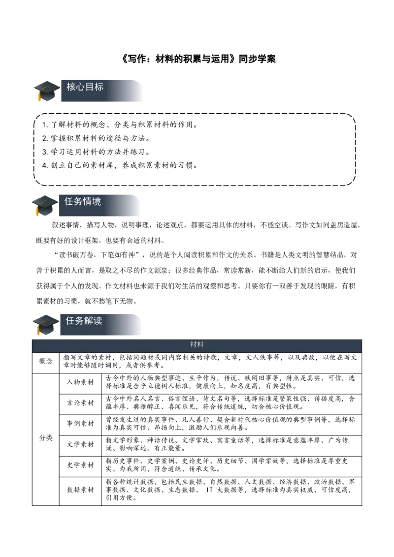 写作：材料的积累与运用（导学案）-（统编版选择性必修上册）_高语_高中语文_选择性必修上册_导学案