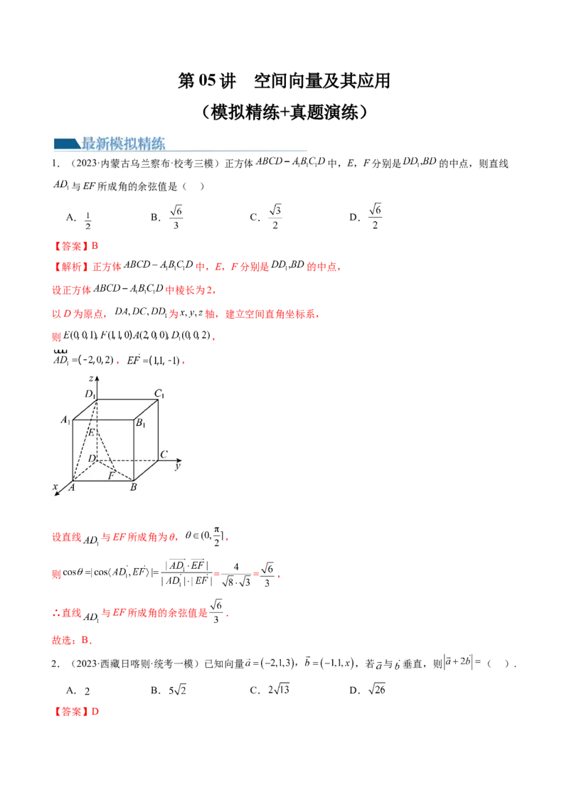 第05讲空间向量及其应用（练习）（解析版）_2.2025数学总复习_2024年新高考资料_1.2024一轮复习_2024年高考数学一轮复习讲练测（新教材新高考）_第七章立体几何与空间向量