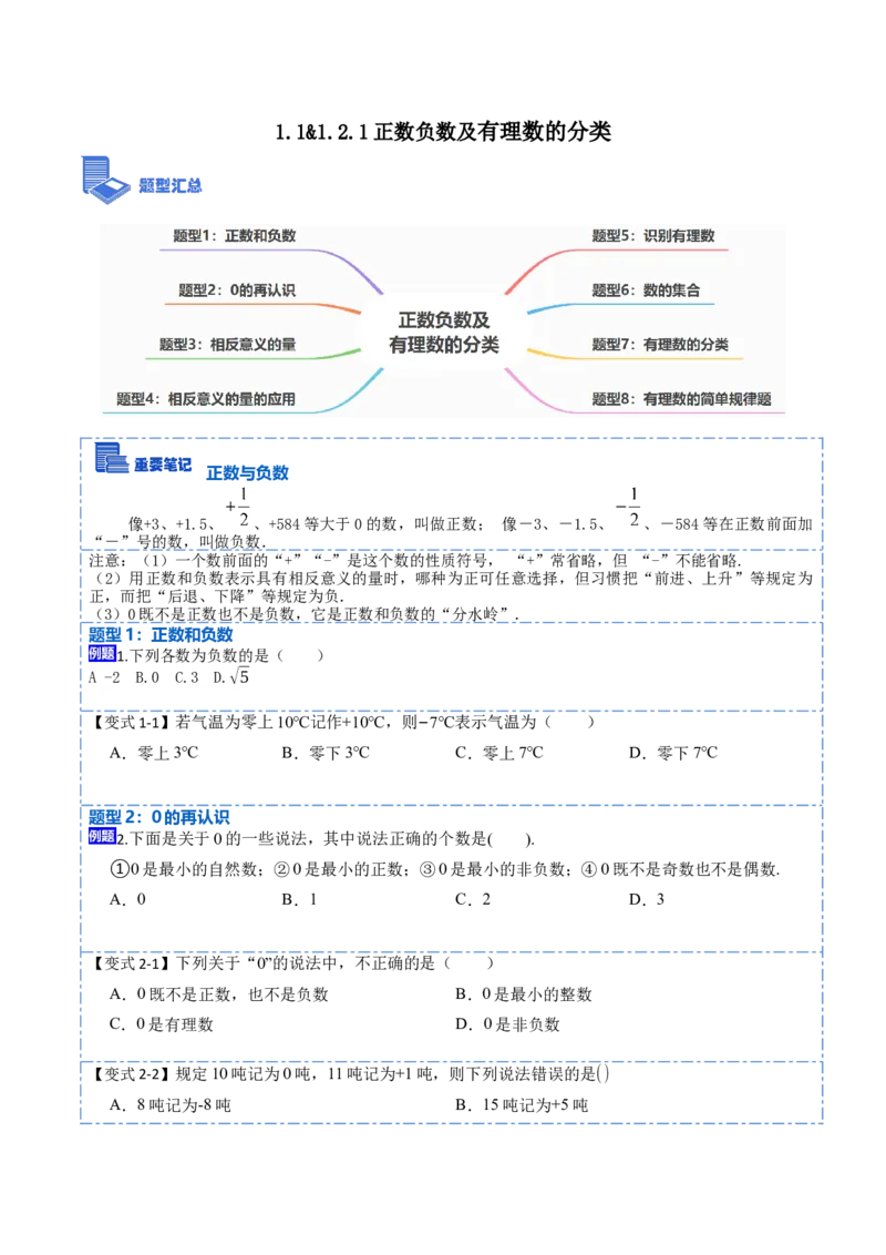 1.1&1.2.1正数和负数及有理数分类-重要笔记2022-2023学年七年级数学上册重要考点精讲精练（人教版)（原卷版）_初中数学人教版_7上-初中数学人教版_7上-初中数学人教版（旧版）赠送