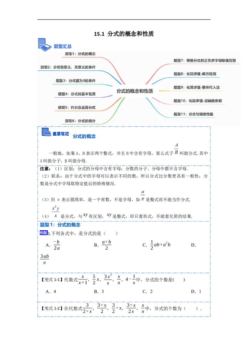 15.1分式的概念和性质（讲+练）11大题型-重要笔记2022-2023学年八年级数学上册重要考点精讲精练(人教版)（原卷版）_初中数学人教版_8上-初中数学人教版_旧版_07专项讲练