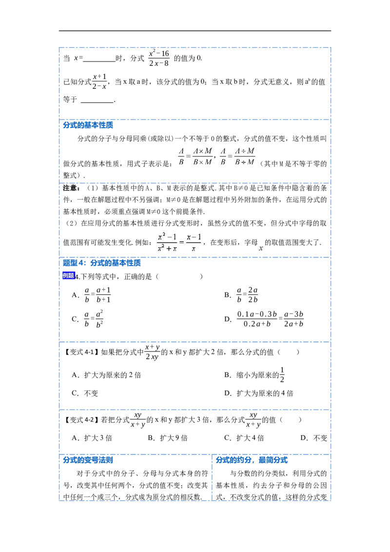 15.1分式的概念和性质（讲+练）11大题型-重要笔记2022-2023学年八年级数学上册重要考点精讲精练(人教版)（原卷版）_初中数学人教版_8上-初中数学人教版_旧版_07专项讲练