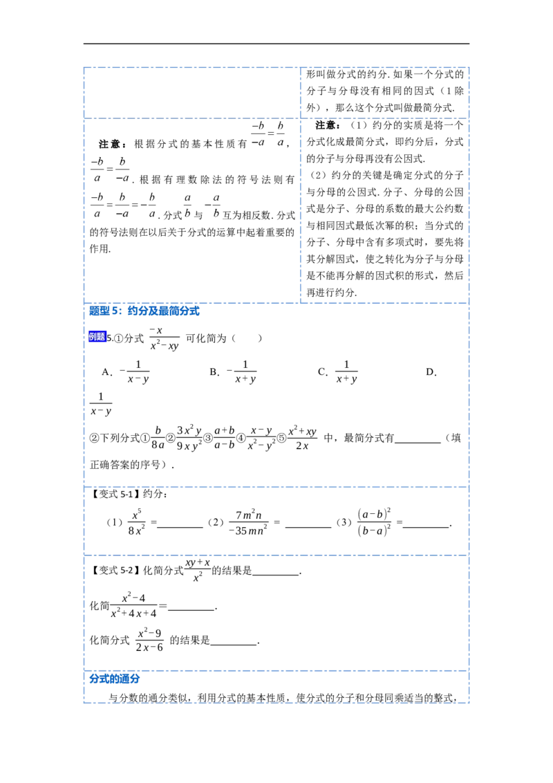 15.1分式的概念和性质（讲+练）11大题型-重要笔记2022-2023学年八年级数学上册重要考点精讲精练(人教版)（原卷版）_初中数学人教版_8上-初中数学人教版_旧版_07专项讲练