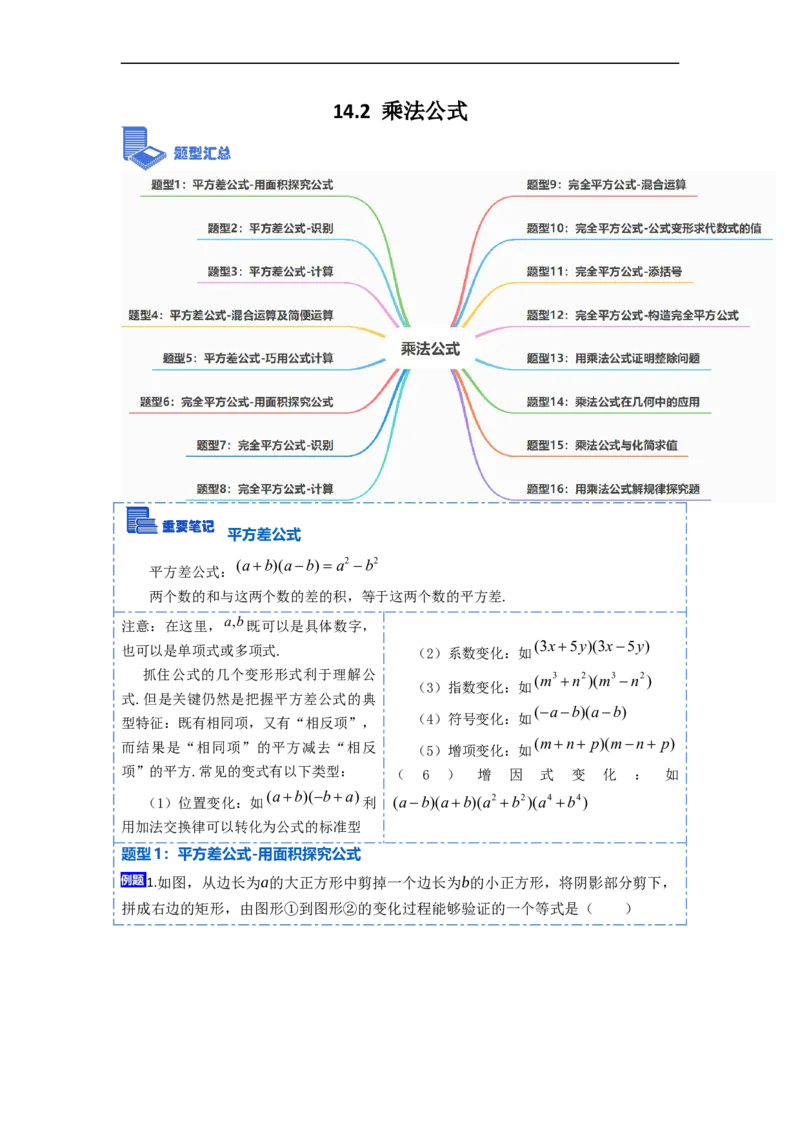 14.2乘法公式（讲+练）16大题型-重要笔记2022-2023学年八年级数学上册重要考点精讲精练(人教版)（原卷版）_初中数学人教版_8上-初中数学人教版_旧版_07专项讲练